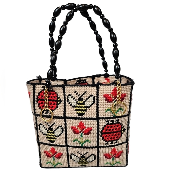 Vintage 70s Handmade Needlepoint Lady Bug Bee Flowers Small Tote Bag Purse - Picture 3 of 9